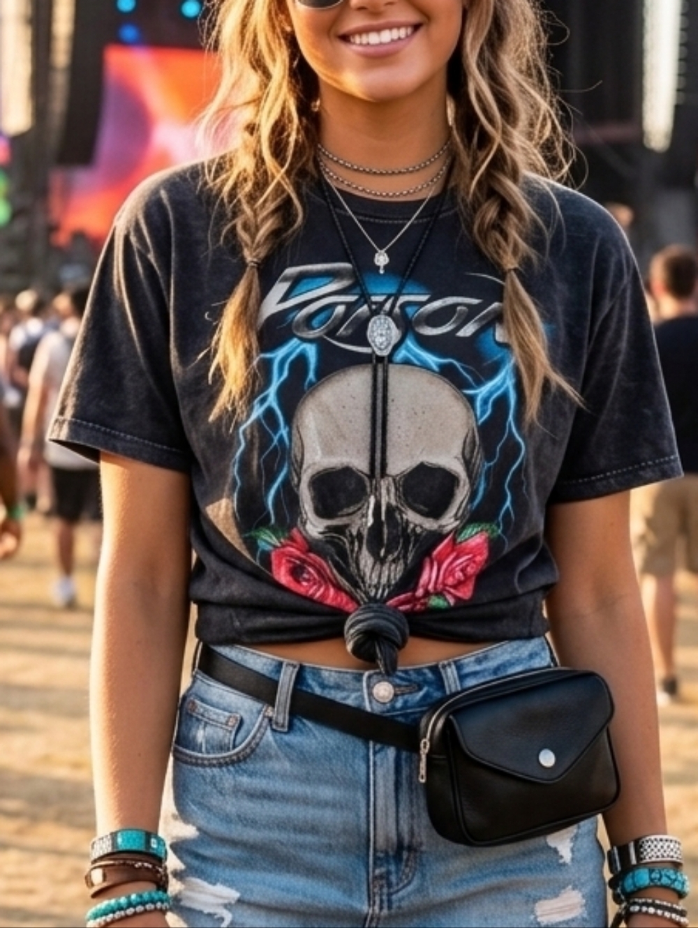 Poison Band Graphic Tee - Skull & Roses Blue Lightning Mineral Wash Medium